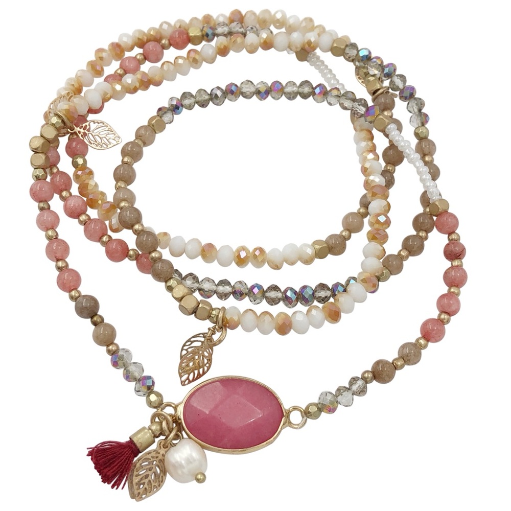 Genuine Agate Stone & Glass Bead Pink Mix Stretch Wrap Bracelet OR Necklace